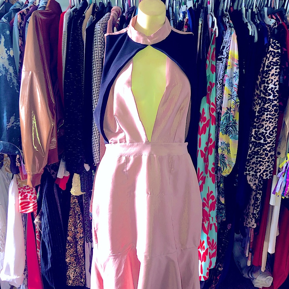 DUSTY PINK AND BLACK BACKLESS LOW CUT DRESS